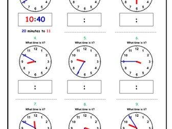 Telling the Time - Minutes TO the Hour Worksheet