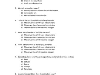GCSE multiple choice question sheet on the nitrogen cycle with answer sheet