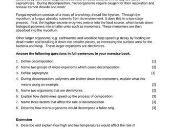 GCSE comprehension question sheet on decomposition, with mark scheme