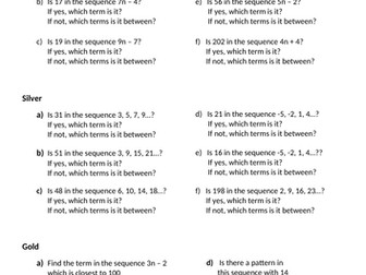 Testing whether a number is in a sequence using its nth term rule differentiated Bronze Silver Gold