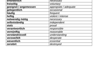 List of high-level adjectives for A Level German Examinations
