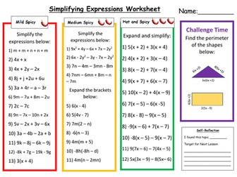 Simplifying Expressions Differentiated Worksheet with Answers