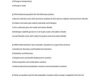 Chemical Reactions- Practice Questions