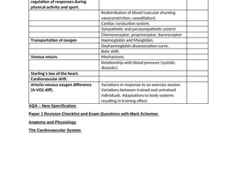 A-Level Anatomy and Physiology AQA Revision Checklist, Exam Questions and Mark Schemes for students