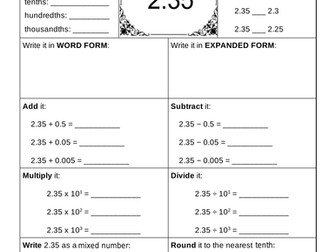 Decimal Practice to the Thousandths: practice adding, rounding, number lines
