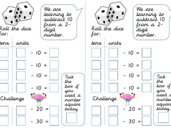 Roll-the-dice subtracting multiples of 10 from a two-digit number worksheets.