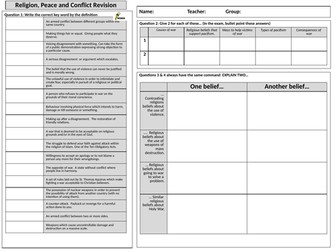 AQA GCSE 9-1 Religion, Peace and Conflict revision sheet