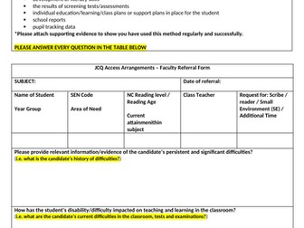 JCQ/SEND Exams Access Arrangements/ Reasonable Adjustments Referral Form and Exemplar