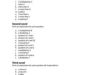 ALGEBRA - Writing Expressions From Words - DIFFERENTIATED