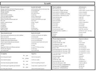GCSE / IGCSE French - Topics revision sheet / writing mat - La santé