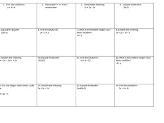 Year 8 Algebra Grid