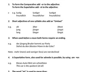 German Reference Sheet and Examples - Comparison of Adjectives