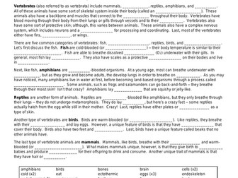 All About Vertebrates - CLOZE Reading Assignment, Reflection and Crossword