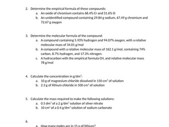 Chemical calculation questions - mixed