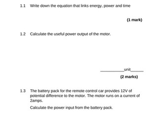 Physics 9-1 2019 Predicted Exam Question Remote Control Car with mark scheme