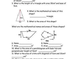 Area of Shapes Wordsearch