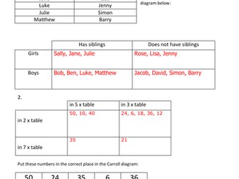 Carroll Diagram Worksheet with answers