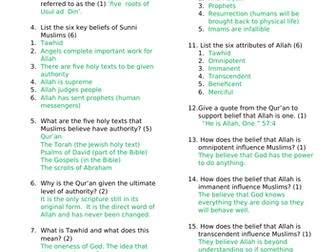 AQA Islam beliefs and teachings - Knowledge test with answers