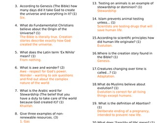 AQA Theme B Religion and Life - Knowledge test with answers