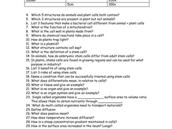 GCSE Biology Recall revision questions
