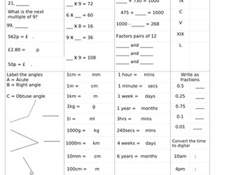 Year 4 Maths Key Facts Revision Sheets