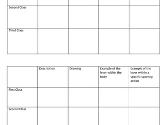 GCSE PE Levers Worksheet/Starter. 1st/2nd/3rd class