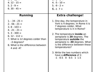 Negative numbers differentiated worksheet