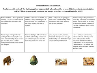 Homework menu for Stone Age topic