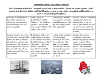 Homework Menu for Shackleton's Journey topic