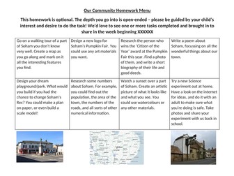 Homework Menu for Our Community topic
