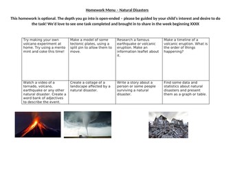Homework Menu for Natural Disasters topic