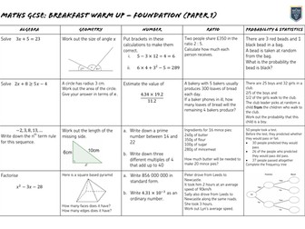 2019 AQA GCSE Maths Exam Breakfast Revision Sheets - Paper 1
