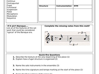 Bach Brandenburg Concerto GCSE Revision Worksheet