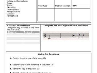 Beethoven Sonata Pathetique GCSE Revision Worksheet
