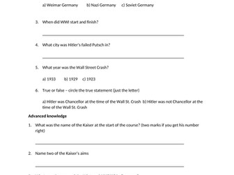 AQA GCSE Germany 1890-1945 Pre-exam revision quiz WITH ANSWERS