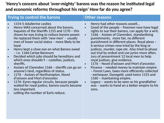 A Level Angevin Kings - Essay table - 'Henry II's reforms were designed to control the barons'