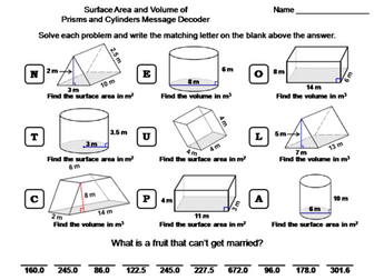 Volume and Surface Area of Prisms and Cylinders Activity: Math Message Decoder