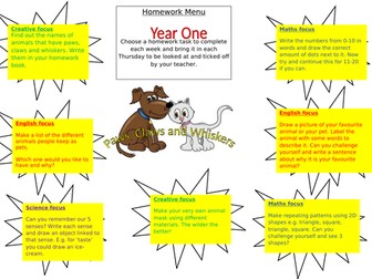 Paws, claws and whiskers homework grid Year 1