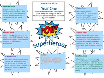 Year 1 Superheroes homework grid