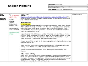 Lists, labels and captions planning Year 1