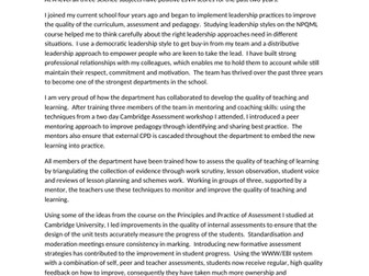 Assistant Head job application personal statement