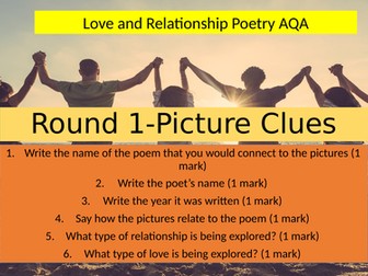 An extensive class quiz, to revise all the poems in  AQA Love and Relationships anthology