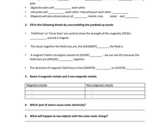 KS3 Magnets and Static Electricity worksheet