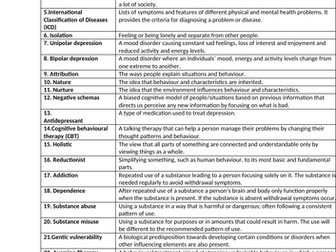 GCSE Psychology - Psychological Problems Unit - Knowledge Organiser/ Key terms list/ Glossary