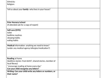 EYFS Nursery Reception Induction Form