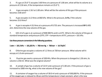 Boyle's law calculations. 13 questions, with some unit conversion. Suitable for GCSE/IGCSE.