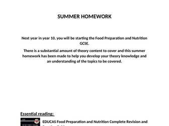 GCSE Summer Homework food and nutrition