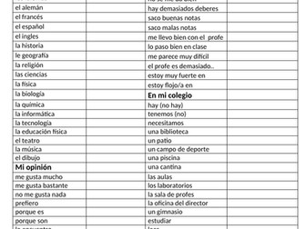 GCSE Spanish 9-1 vocab-structures-verbs sheet on the theme of school