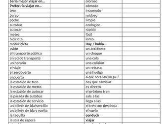 GCSE Spanish 9-1 vocab-structures-verbs sheet on the theme of transport