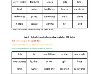 Year 1 Science RAG Rate key vocabulary